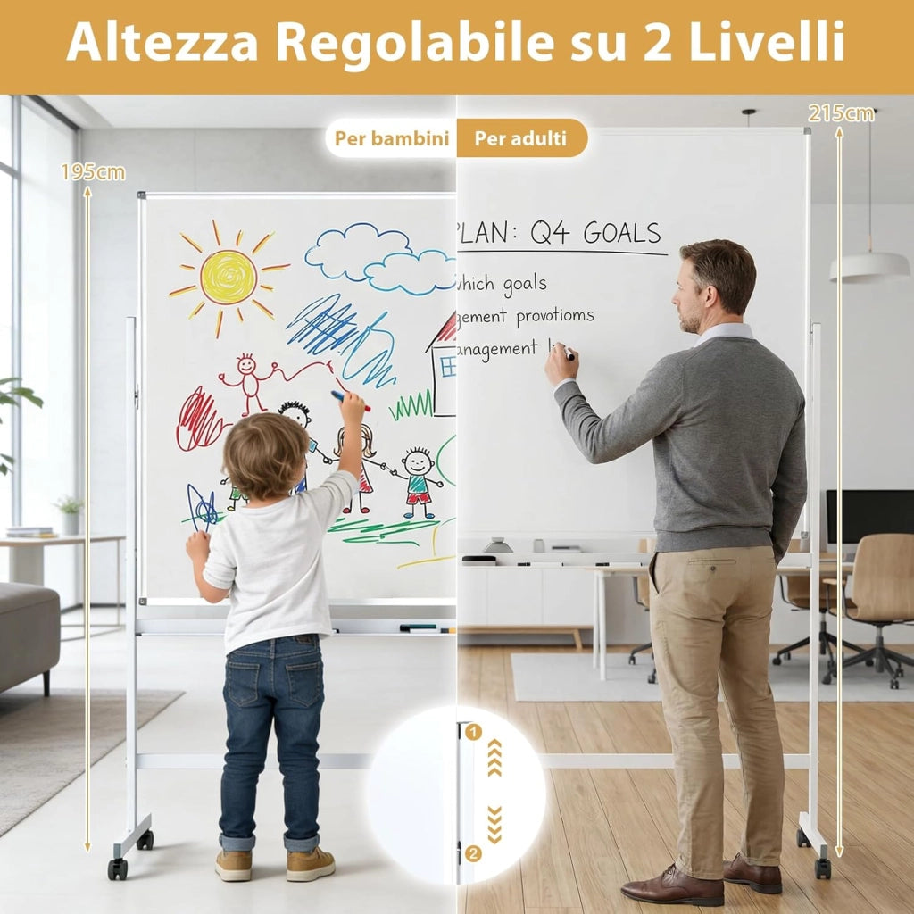 Lavagna Bianca Mobile, Lavagna Magnetica Cancellabile Doppia Faccia con Cavalletto, 2 Altezze Regolabili e Ruote Bloccabili (186 x 54 x 195/215 cm,Bianco)