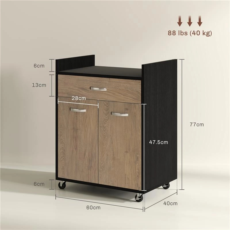 CARRELLO DA CUCINA CON CASSETTO, ARMADIETTO E 4 RUOTE IN LEGNO, 60X40X77CM, NERO