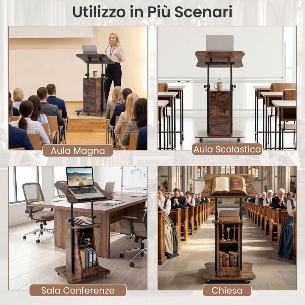 Leggio per Oratori, Podio per Conferenza con Ruote Bloccabile, Altezza Regolabile, Piano Ribaltabile e Armadietto Aperto, Leggio da Pulpito in Legno per Aula, Ufficio e Seminario (Marrone)