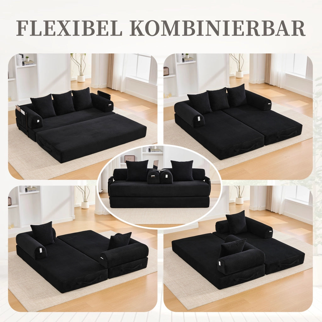 DIVANO modulare 200x94x67 cm in velluto a coste nero con 3 cuscini