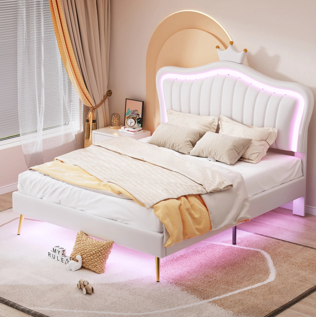 Letto per bambini 140x200 cm con luci LED; imbottito in PU; bianco (Senza materasso)
