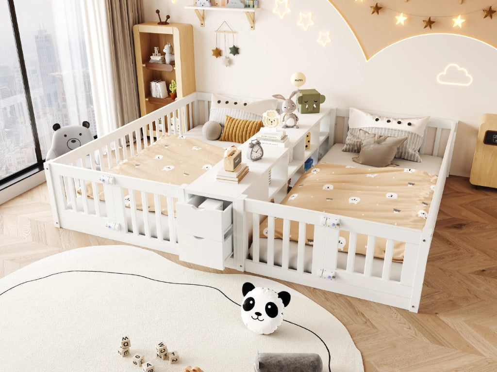 Letto per bambini 90 × 200 cm con scaffale centrale e 2 cassetti, barriere alte, senza materasso, bianco
