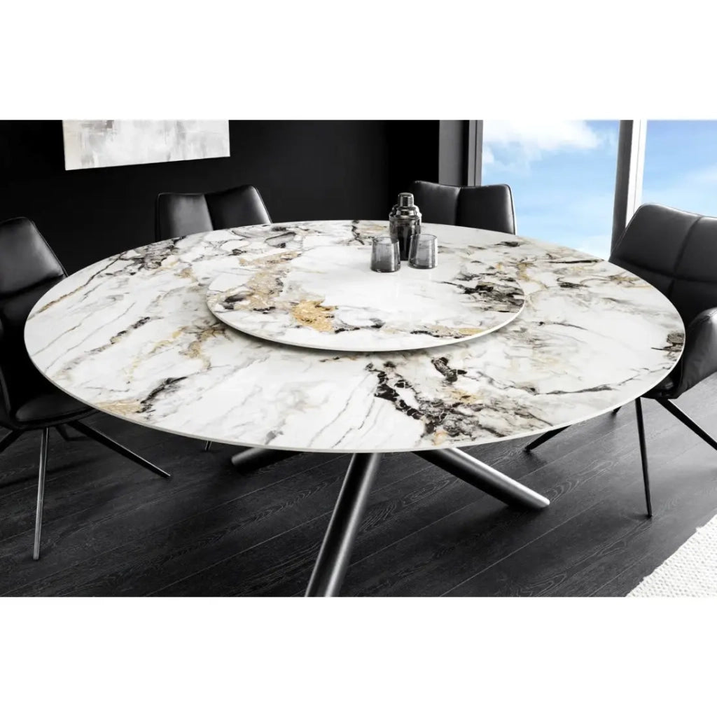 Table AXYA – Rotonda 150 cm – Piano in ceramica e vetro temperato effetto marmo bianco con piano superiore rotante