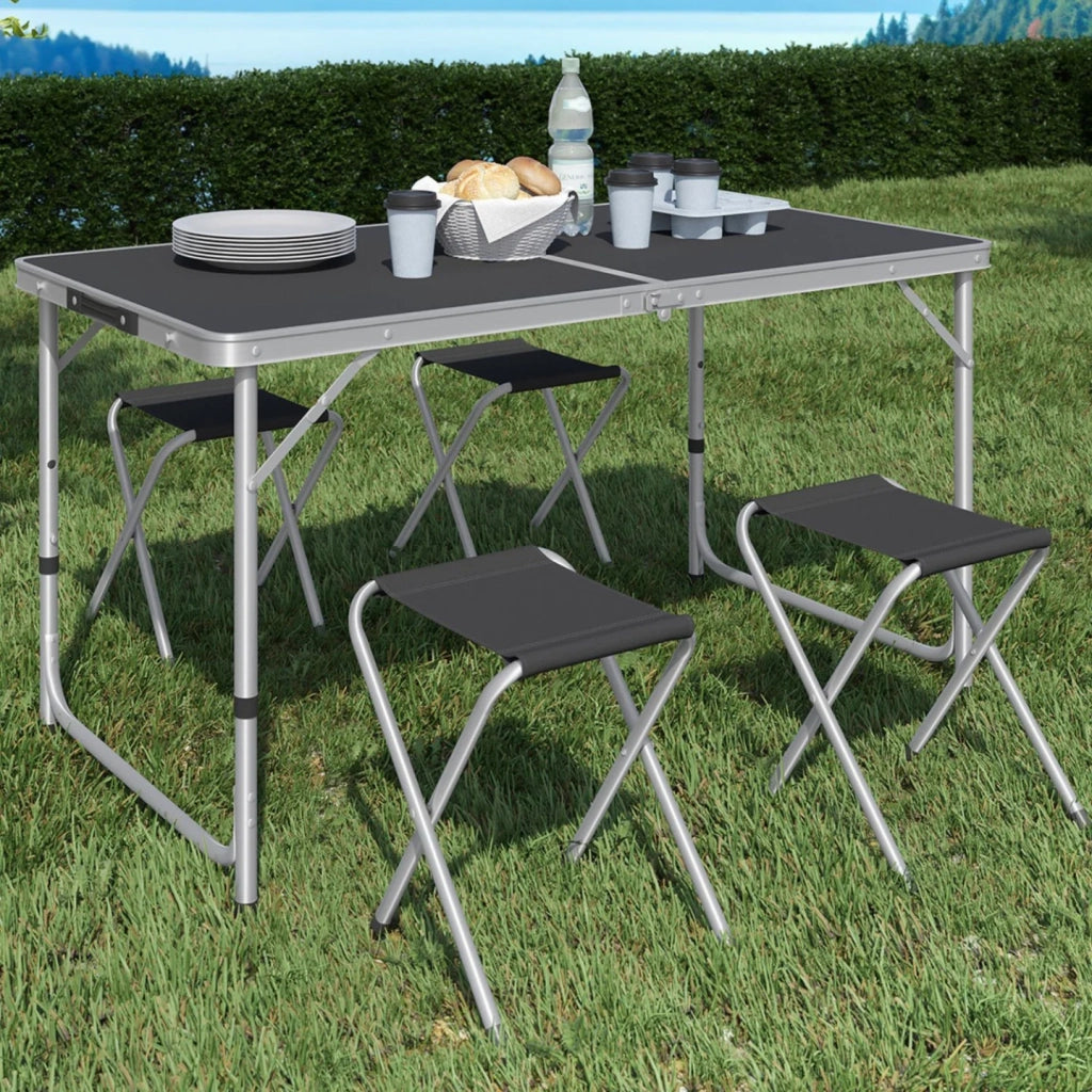 IDMarket - Tavolo da campeggio pieghevole regolabile in altezza da 120 cm e 4 sgabelli neri