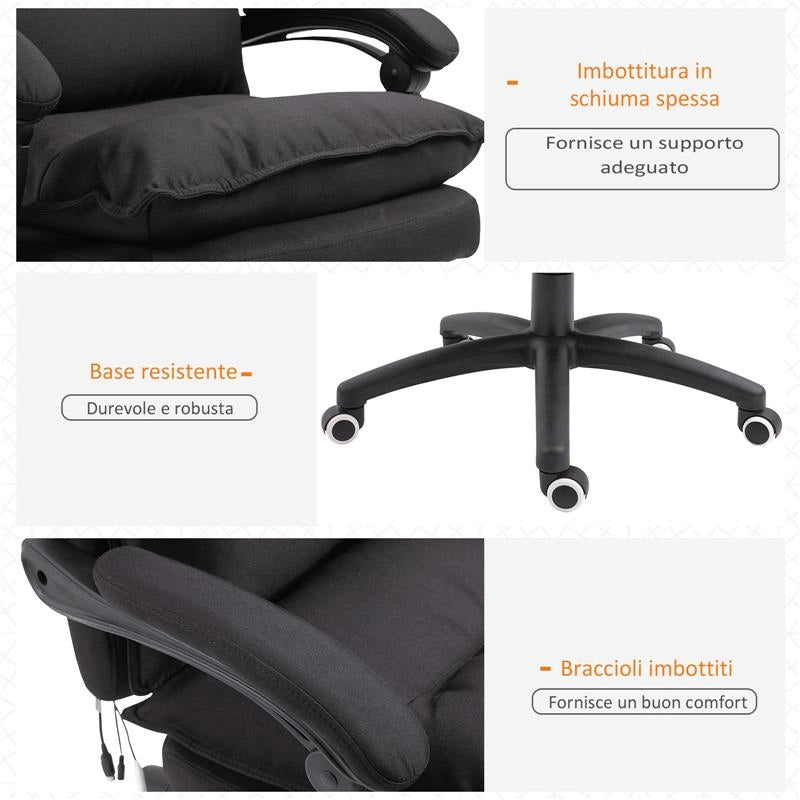 SEDIA DA UFFICIO AD ALTEZZA REGOLABILE CON 6 PUNTI MASSAGGIANTI IN TESSUTO EFFETTO LINO 70X62X120-130 CM NERO