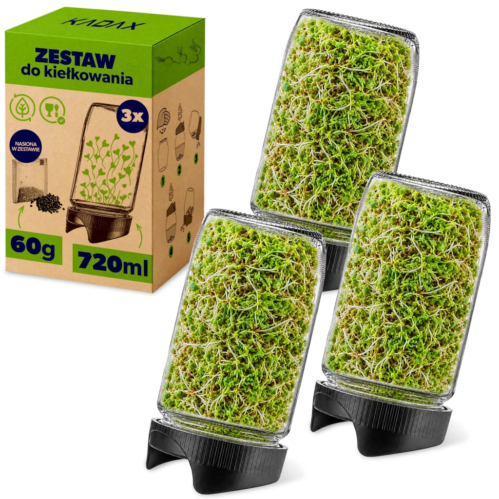 KADAX Zestaw Słój Anna 720ml fi82 TO-720 Franko + Plastikowa zakrętka do słoików fi82, kiełkownica pakiet 3szt K17505