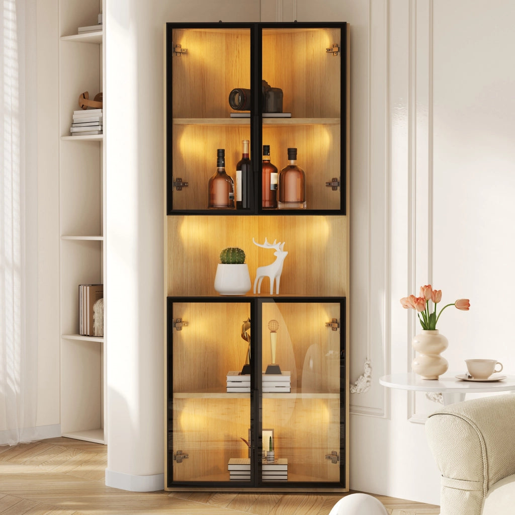 Vetrina angolare con LED, 1 anta e ripiani in MDF effetto rovere, per soggiorno e ufficio, 62 × 32 × 160 cm