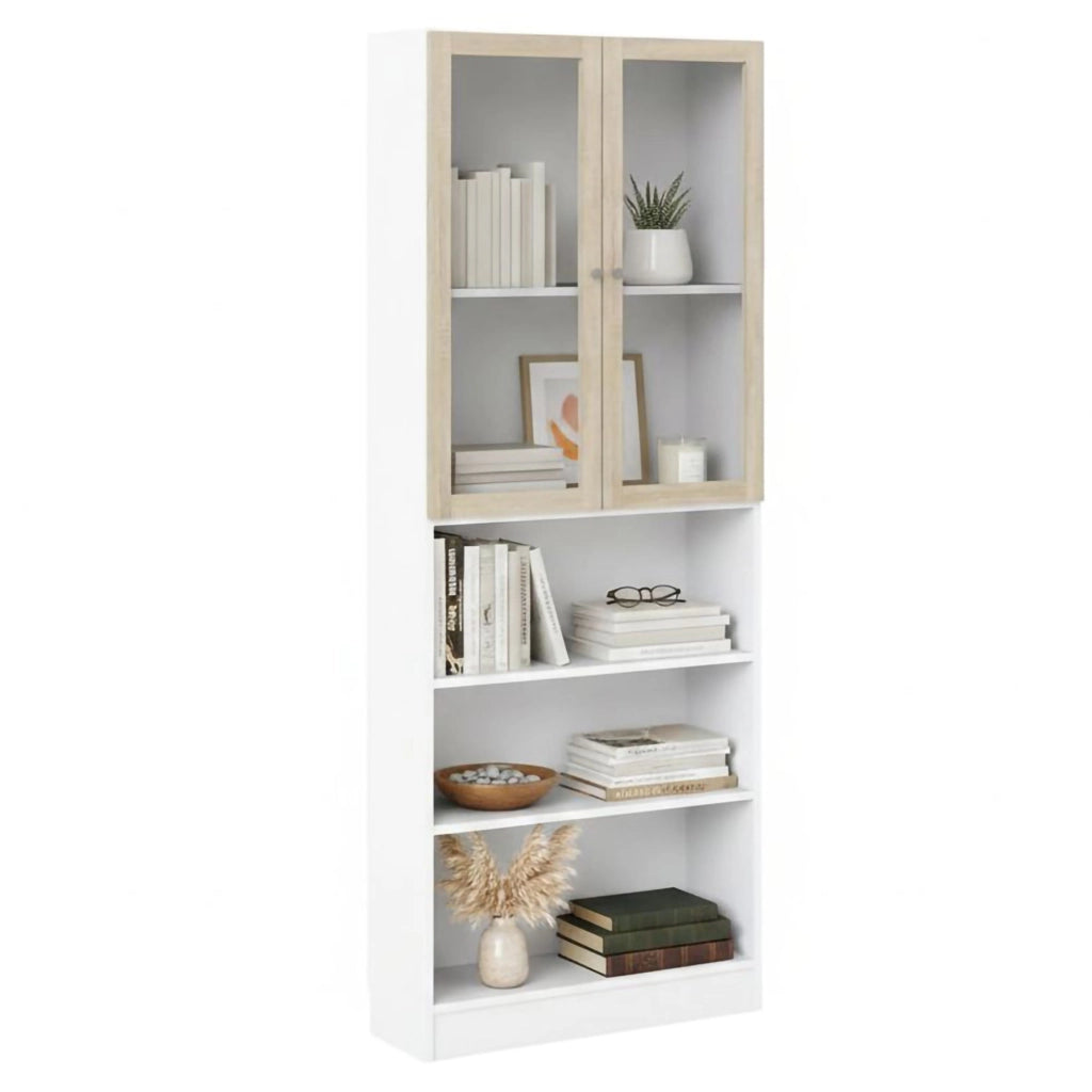 Libreria Chedeng, Scaffale da ufficio, Mobile portalibri, Biblioteca, 79x28 h203 cm, Bianco e Quercia