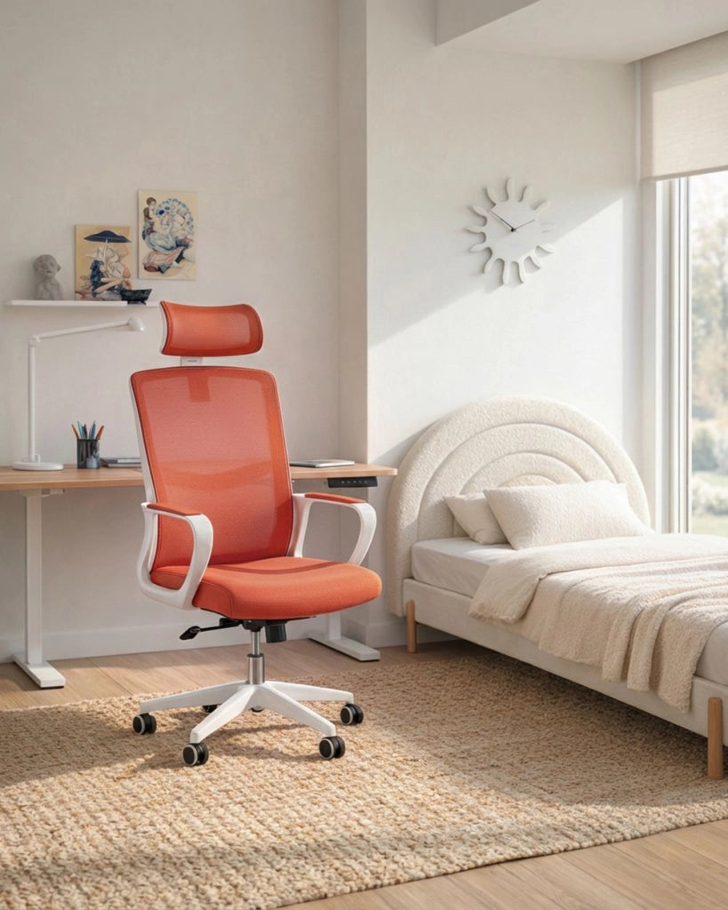 Sedia da ufficio con base girevole e poggiatesta regolabile in altezza con rete Home Office Beige stile moderno