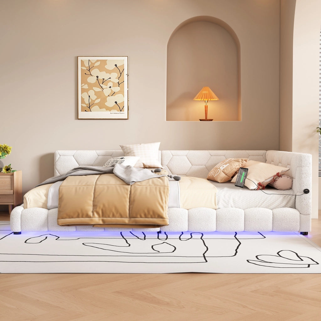 Letto matrimoniale 140×200 cm con LED regolabile; USB; Type-C e rete; senza materasso; velluto; bianco