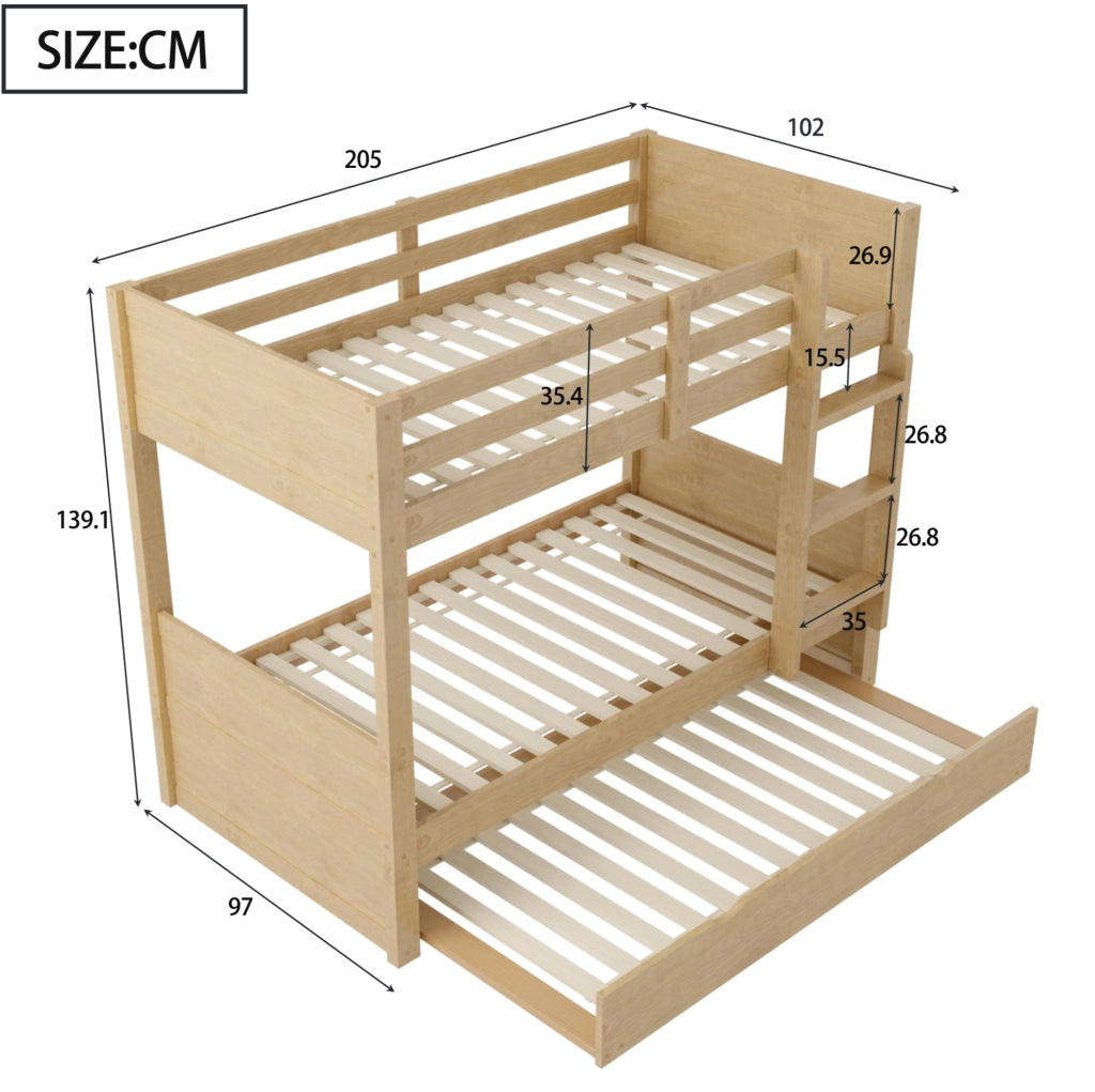 Letto a castello 90x200 cm in legno con letto estraibile; trasformabile in due letti singoli; colore legno