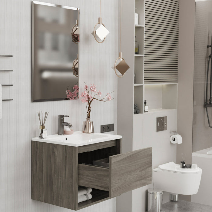 Mobile Bagno Sospeso 60 cm Lavabo e Specchio Milano Rovere