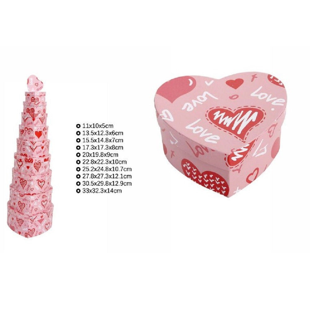 Trade Shop - Set 10 Pz Scatole Box Regali Varie Misure Matrioska Forma Cuore Rosa Love 71966 -