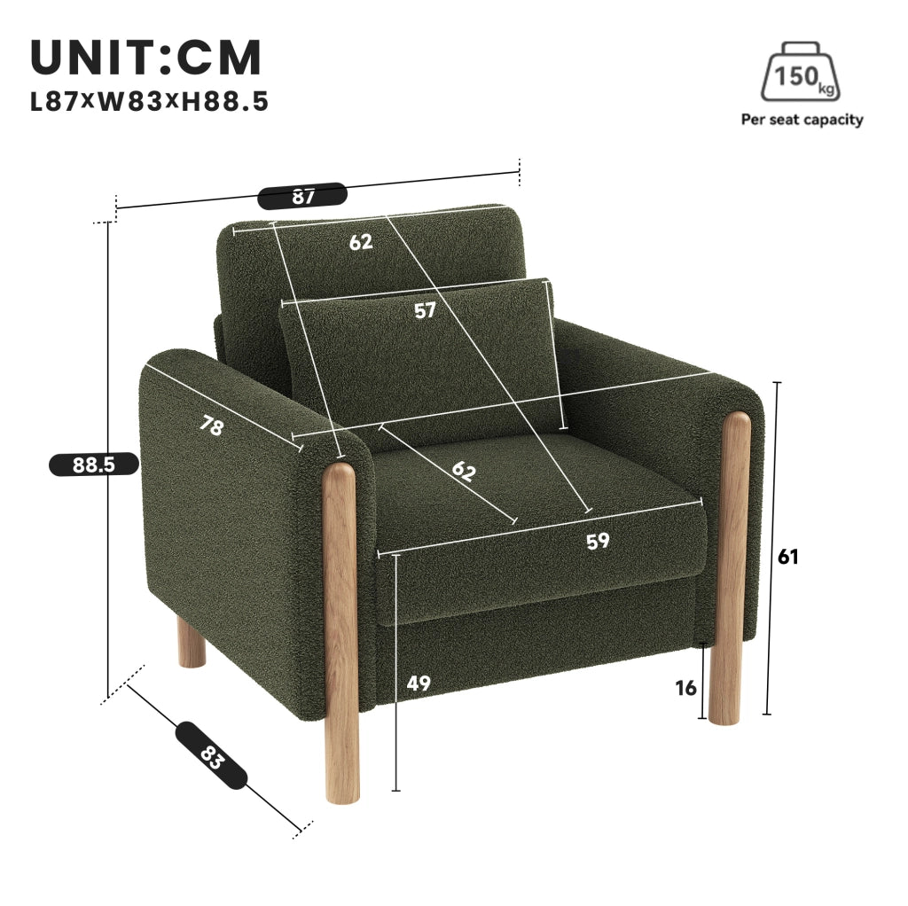 Poltrona 87x83x88.5 cm con cuscino spesso e struttura in legno; tessuto Teddy verde