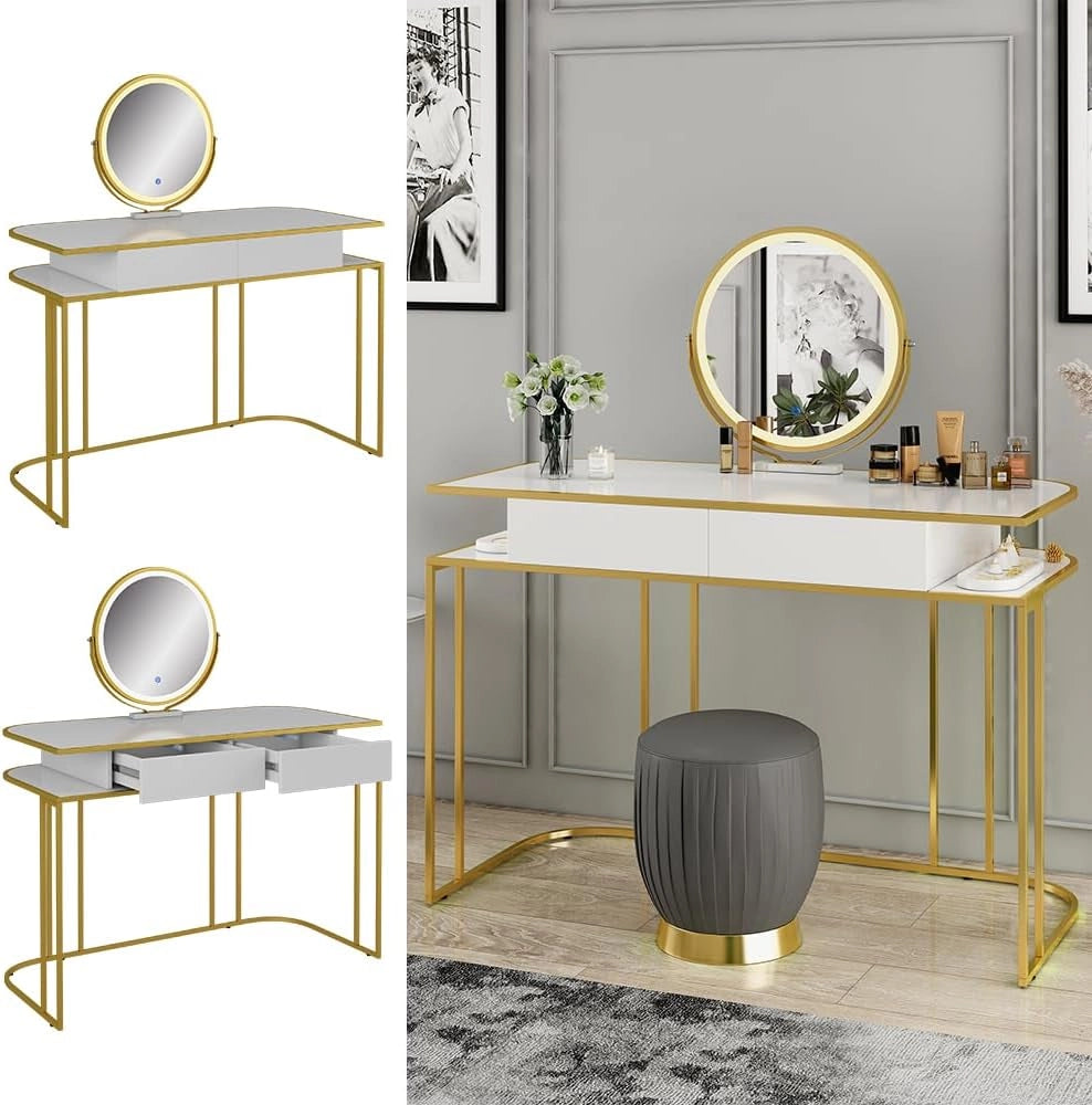 Tavolo da toilette Tiara, Bianco/Oro, 110 cm, con illuminazione LED e specchio regolabile in altezza