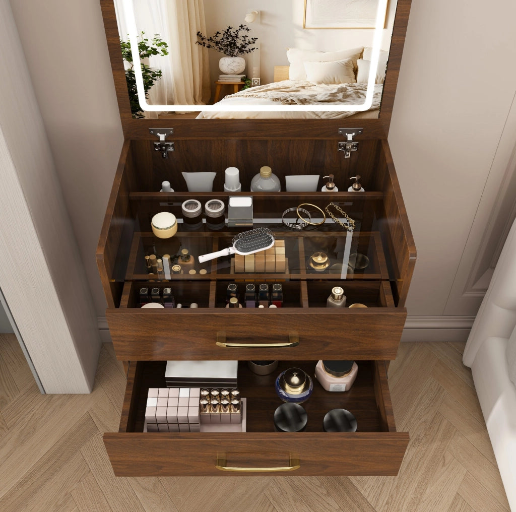 Toeletta 3 in 1 in MDF color noce con specchio pieghevole