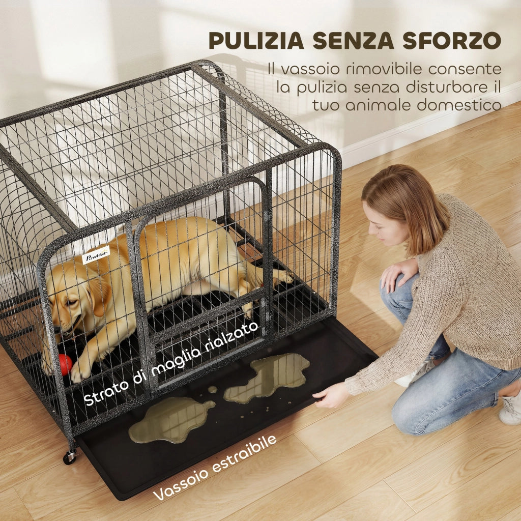 Gabbia per Cani in Acciaio con Ruote. 3 Porte. Vassoio Rimovibile e Chiusura Sicura. Nero