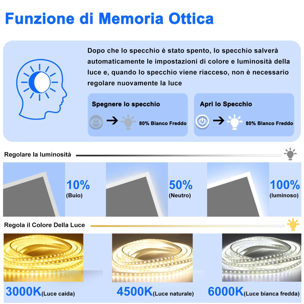 Aica 100 x 60 cm Esoejo bagno a led antiappannamento + luce bianca fredda + sensore tattile