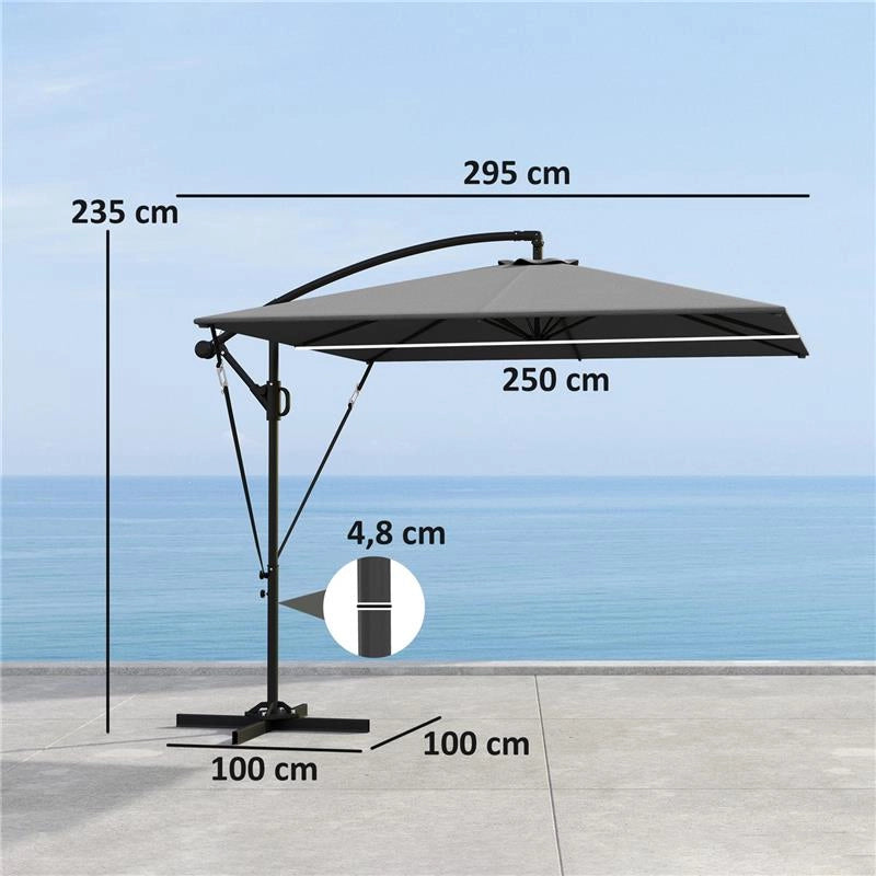 OMBRELLONE DA GIARDINO A SBALZO 3X2.5 M CON MANOVELLA INCLINABILE E GIREVOLE CON COPERTURA GRIGIO
