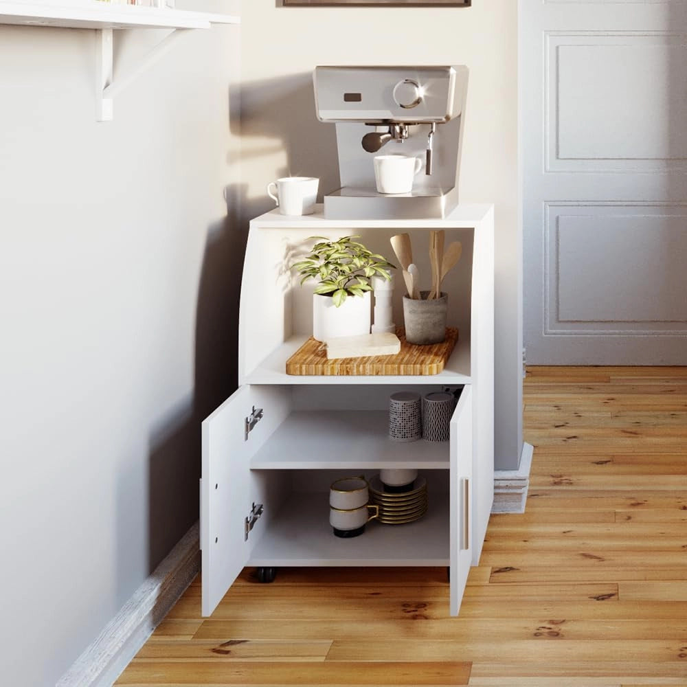 carrello cucina Elio, Bianco, 55 x 83.8 cm, con ruote e ripiano d'appoggio per microonde o dispositivi
