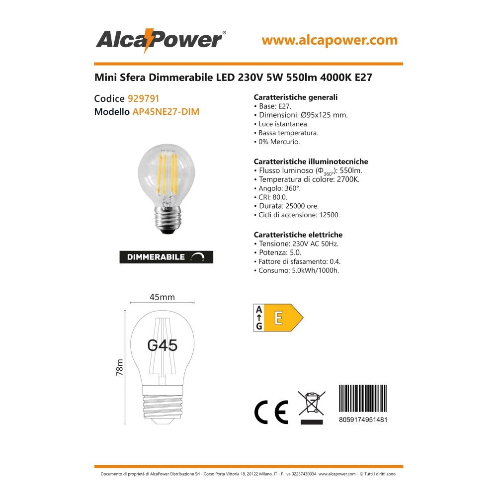 Alca power g45 5w 220v 550lm 4000k e27 lampada mini sfera a filamento dimmerabile a led
