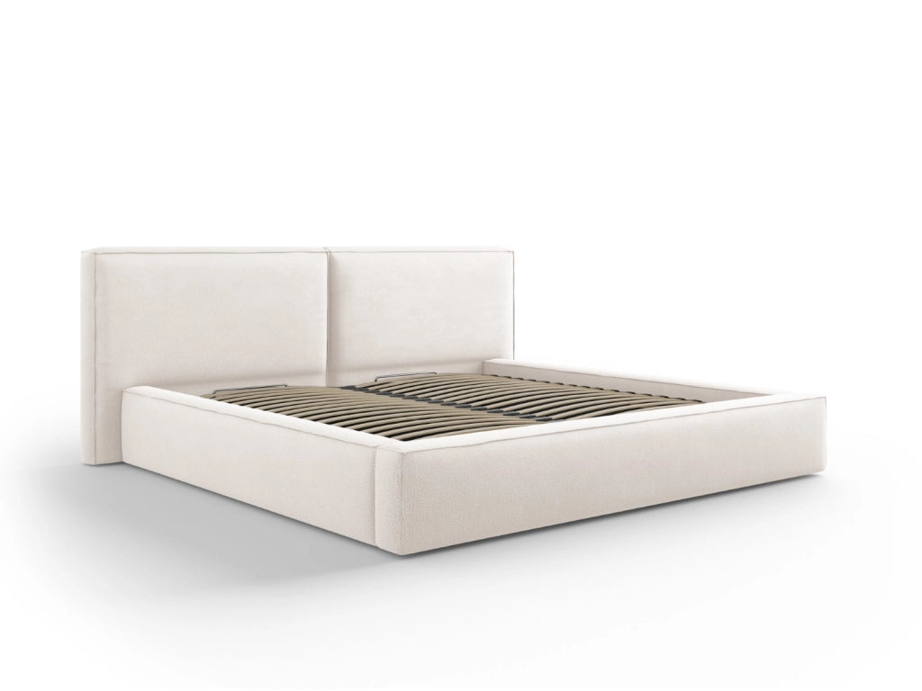 Cosmopolitan Design - Letto a cassettone con testiera doppia "Arendal" 200x200cm in tessuto strutturato beige chiaro 