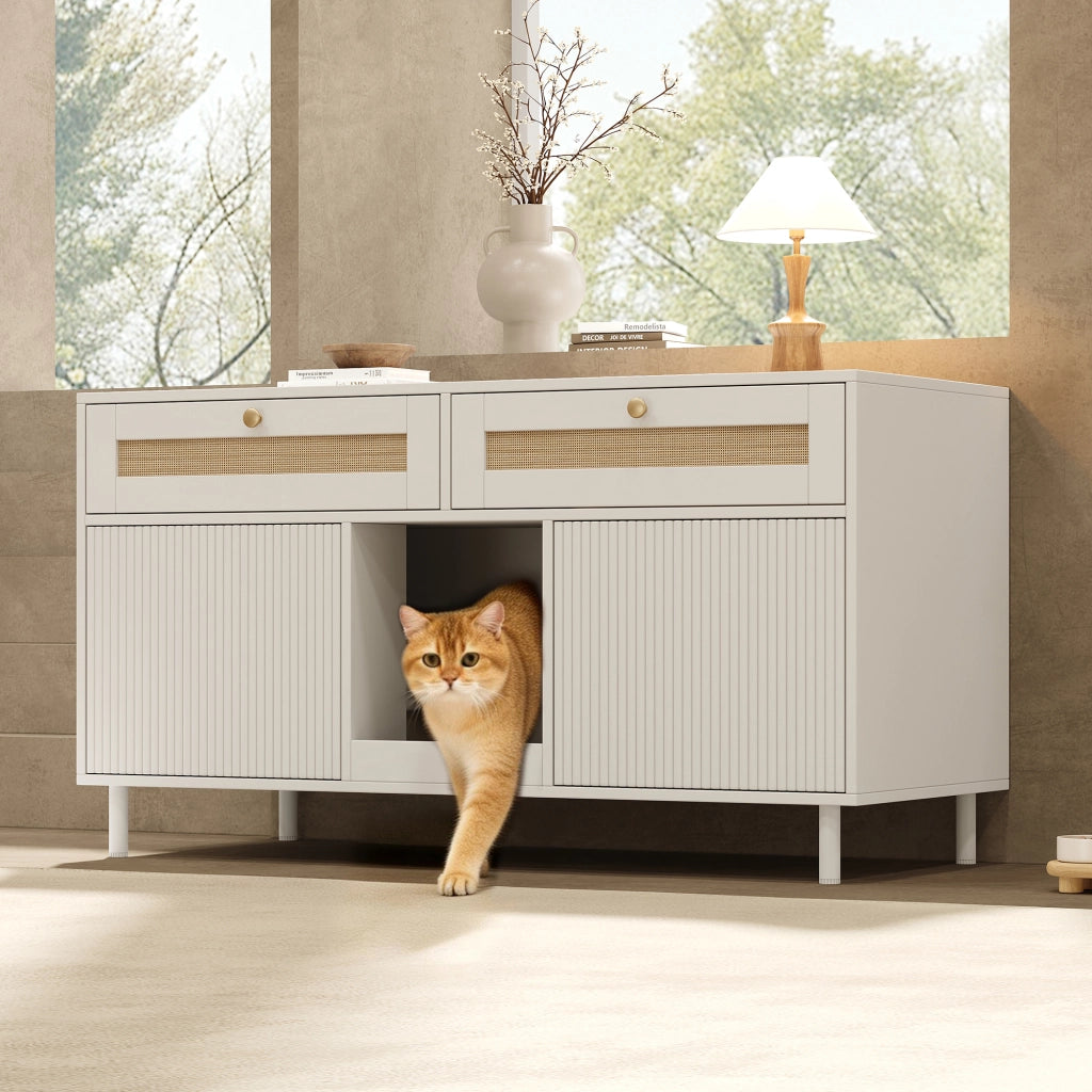 Mobile coperto per lettiera per gatti con 2 ante e cassetto, per soggiorno e ingresso, in MDF bianco 120 × 50 × 65 cm