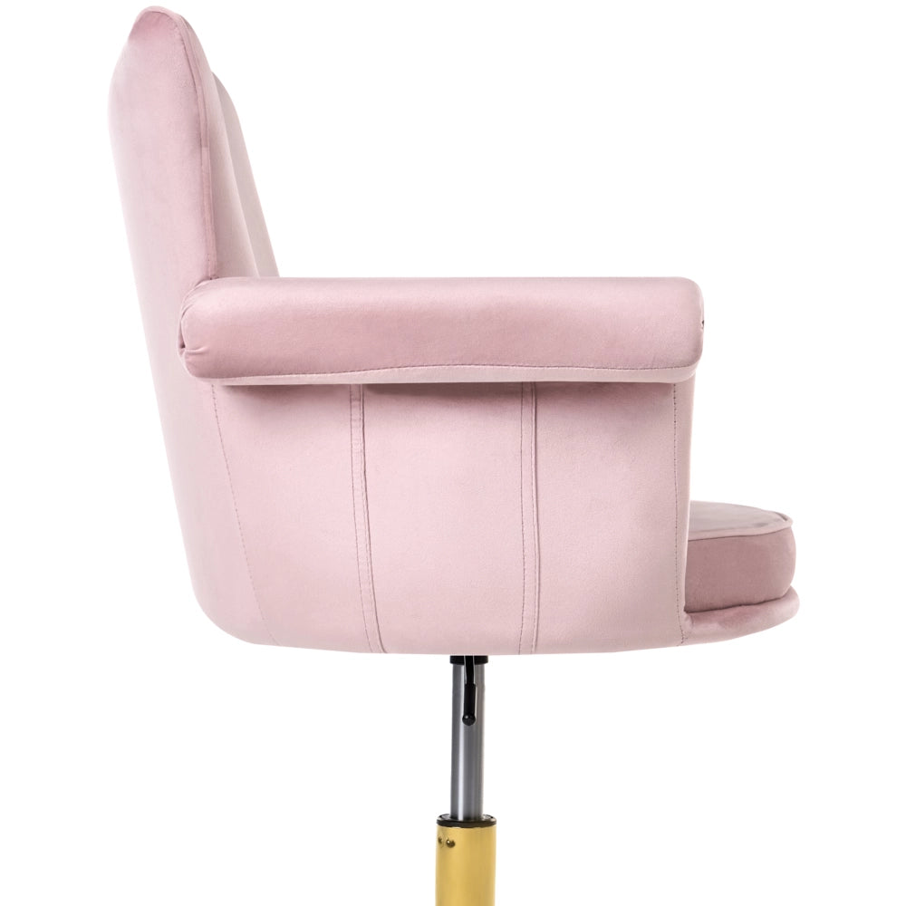 Sedia da ufficio in velluto rosa pastello con meccanismo a gas regolabile in altezza completamente girevole braccioli arrotondati stile moderno