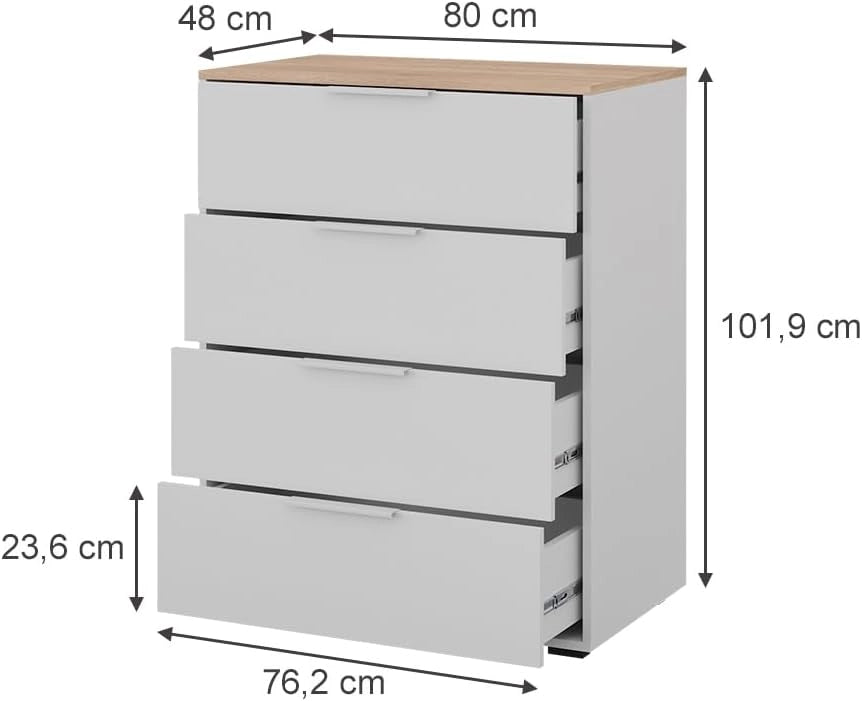 Credenza Betti, Bianco/Sonoma, 30 x 83.6 cm con 4x cassetti, adatto per la conservazione e l'integrazione di arredi esistenti