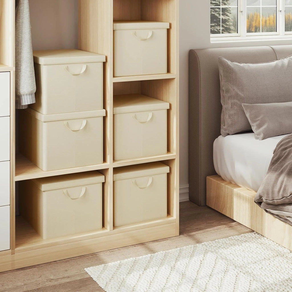 Scatole portaoggetti in Tessuto 10 Pezzi, Contenitori pieghevoli con Coperchio e Maniglie, per Vestiti da Armadio, Crema, 48x36x30cm