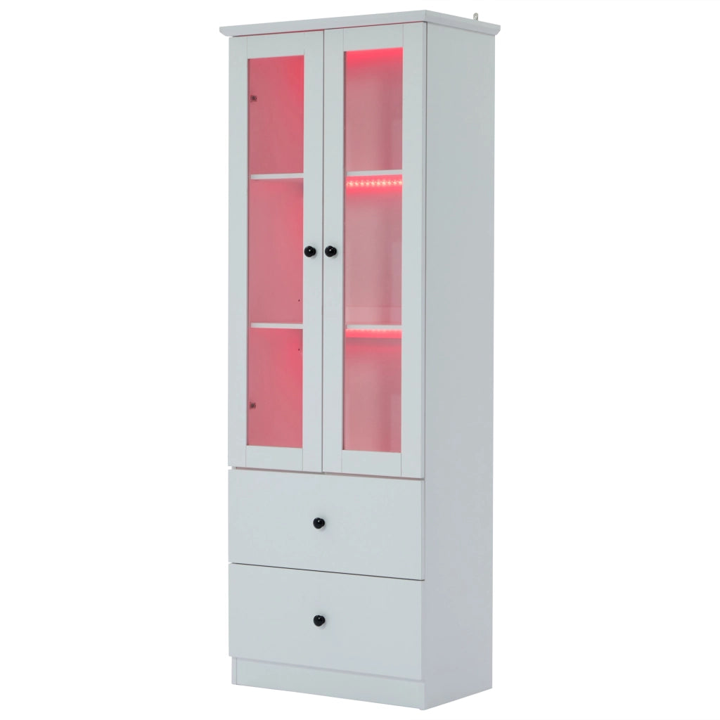 Vetrina con LED, 2 cassetti e ripiani regolabili, con ante a battente, per soggiorno, bianco, 165 × 60 × 35,5 cm