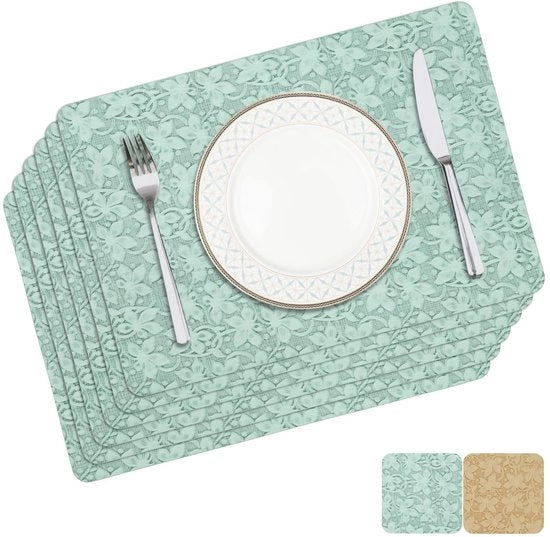 Set di piatti per tavola in pelle geperlati a fiori da 6 pezzi - verde menta impermeabile