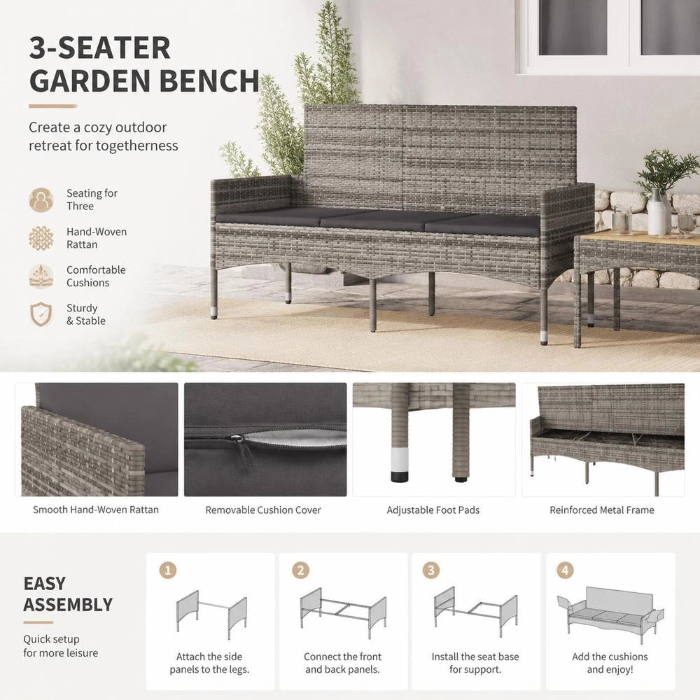 3-seater Garden Bench With Cushions, Grey Poly Rattan
