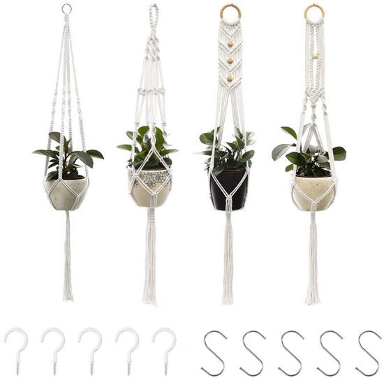 4 set di grappe per piante - con ganci - grappe per vasi in macramé - grappe per piante in cotone - diverse misure - adatti per interni, esterni, giardino, balcone, terrazzo e finestra - beige