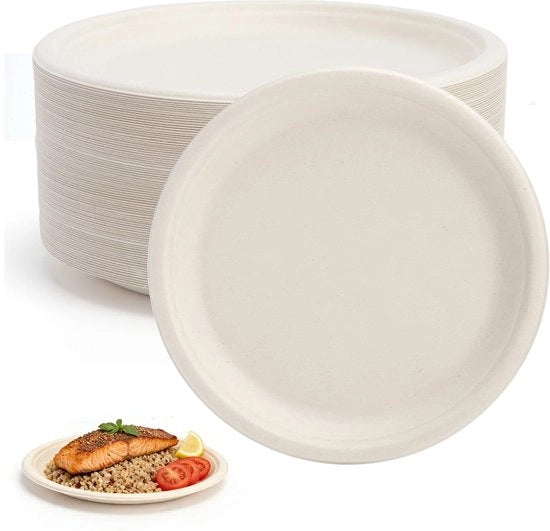 Piatti in Carta 50 Unità - Piatti di Cucina Disposabili - Piatti Compostabili - Piatti in Bagasse Sostenibili - 20,5 cm - Piatti Rigidi per Cibi Caldi - Servizio di Piatti Disposabili
