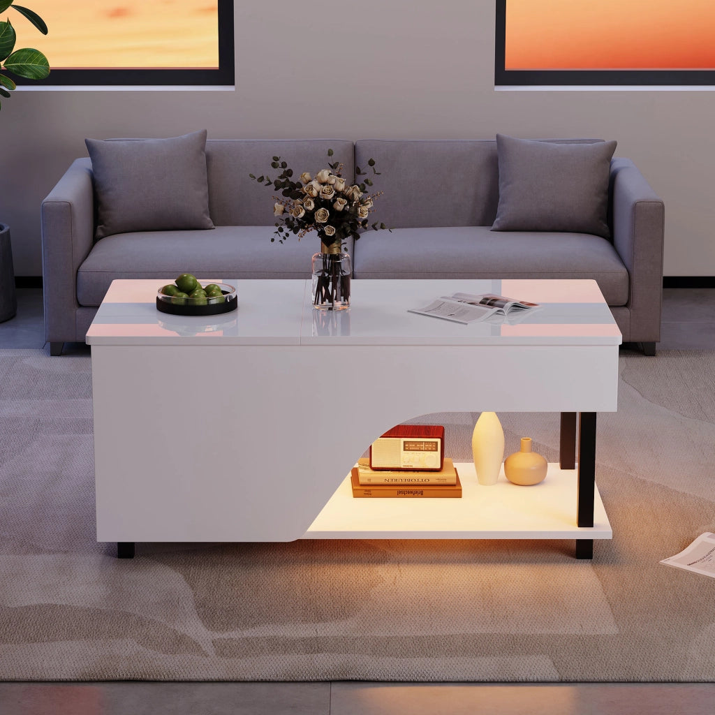 TAVOLO DA SALOTTO H 46-60 cm 50x100 cm Bianco con LED e contenitore