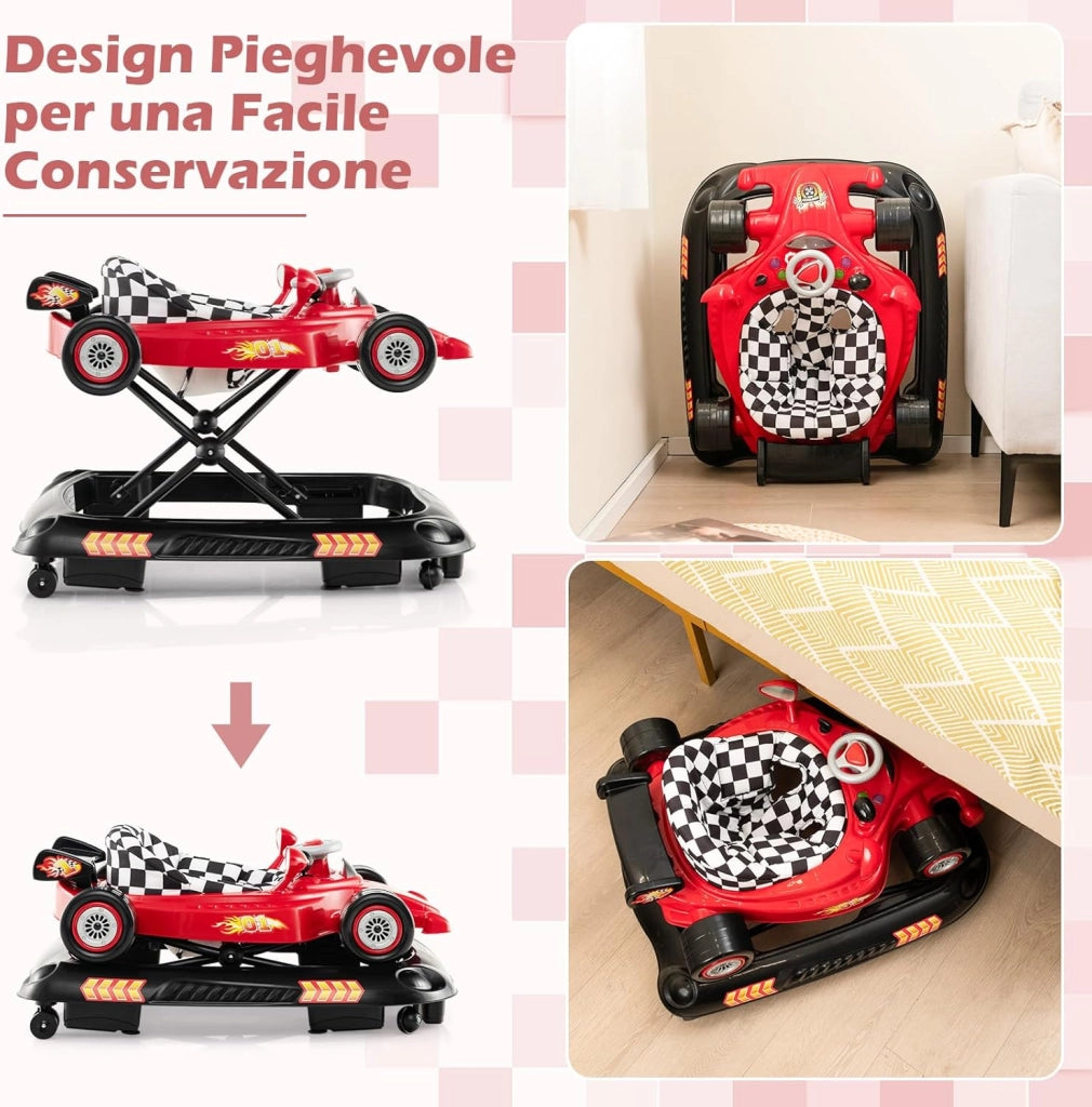 4 in 1 Girello per Bambini, Primi Bassi per Neonati con Altezza Regolabile, Girello Pieghevole con Vassoio Rimovibile, Musica e Luci, per Bambini 6+ Mesi (Rosso)