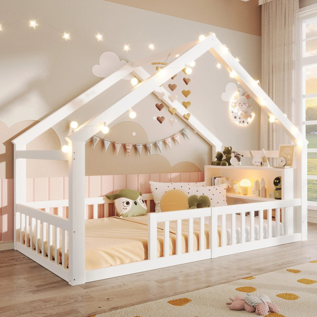 Letto singolo 90×190 cm con sponde; ripiani e luci LED; senza materasso; bianco