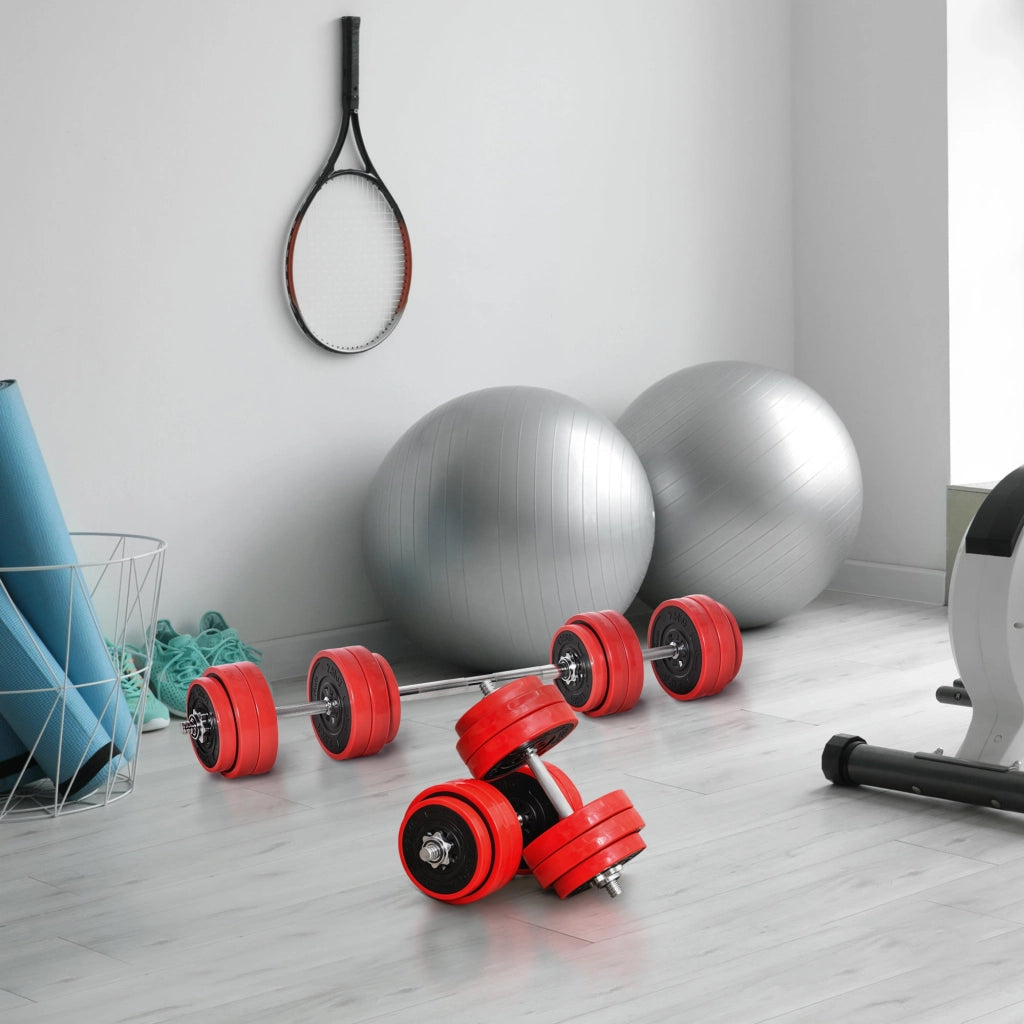 Set Bilanciere 2 Manubri 8 Dischi 15 kg Rivestimento in Plastica Rosso e Nero