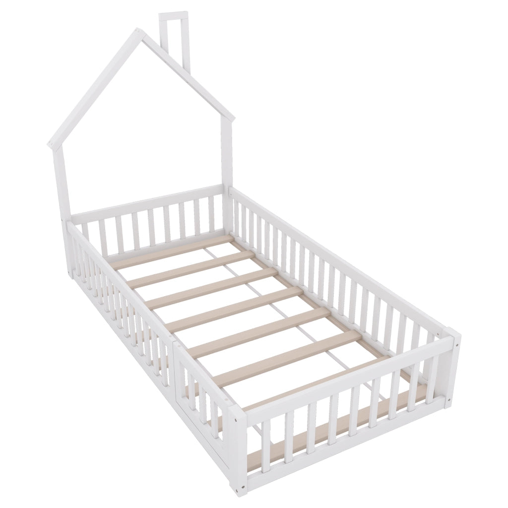 Letto a casetta con camino; recinzione di sicurezza e doghe; pino e MDF; bianco; 90x200 cm; senza materasso