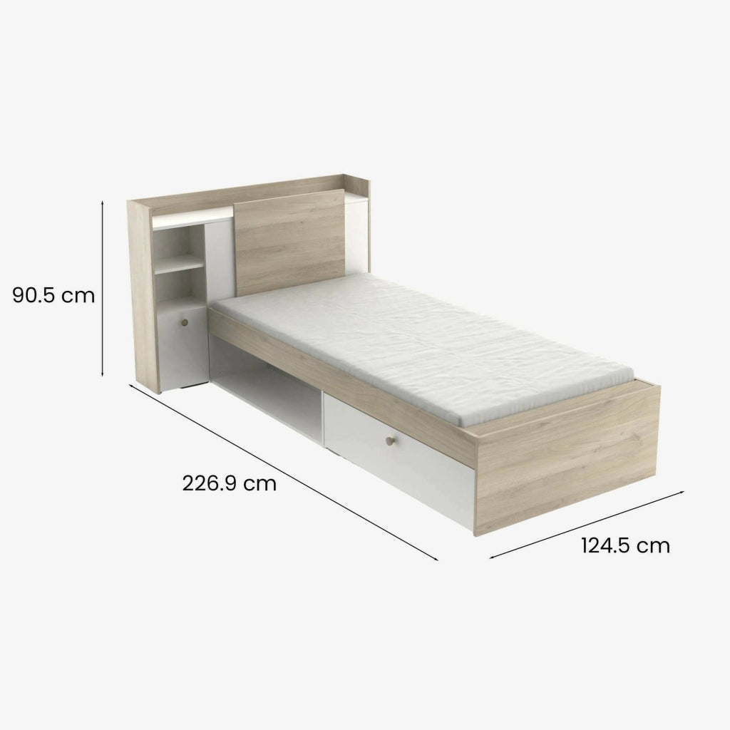 Letto singolo Wali, Sommier per camera da letto, Giroletto per stanza, Struttura porta materasso, 200x120 h 91 cm, Rovere e Bianco opaco