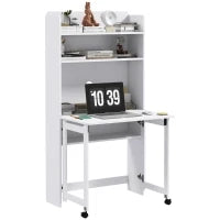 Scrivania per Computer con Scaffali per Archiviazione, Piano Ribaltabile, 2 Ruote, per Camera, Soggiorno, 80 x 69 x 153 cm, Bianco