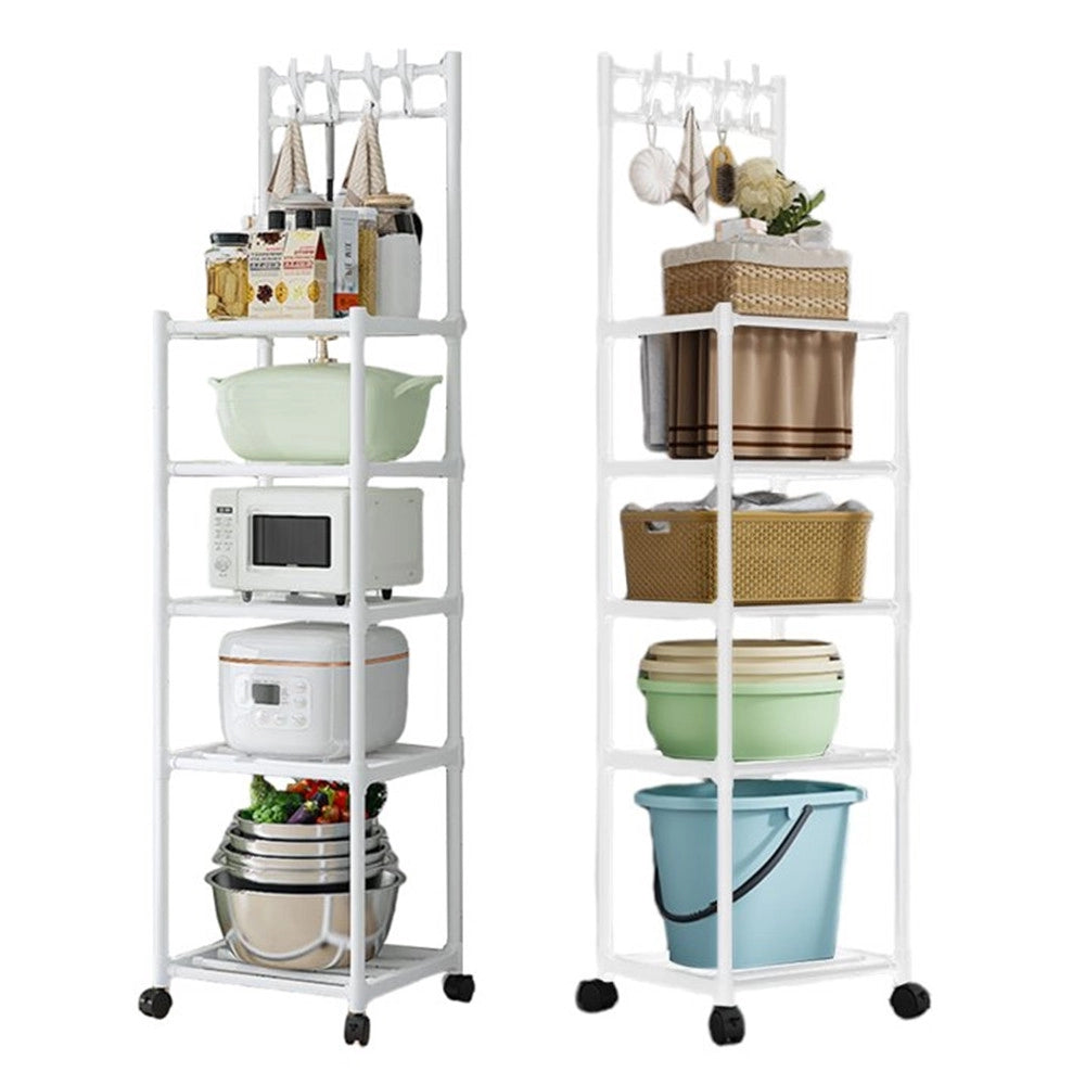 Trade Shop - Carrello Scaffale Portaoggetti Multiuso Da Cucina Bagno 5 Ripiani Con Ruote Ganci Bianco -