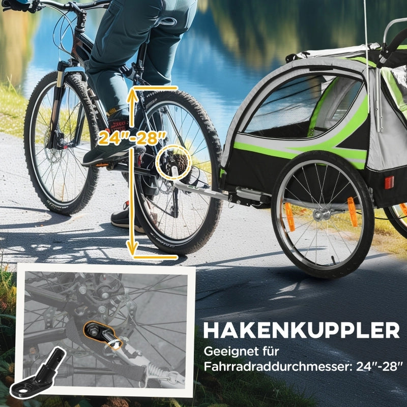 Rimorchio per bicicletta 2 in 1 per 2 bambini, funzione di spinta, parapioggia, freno, verde
