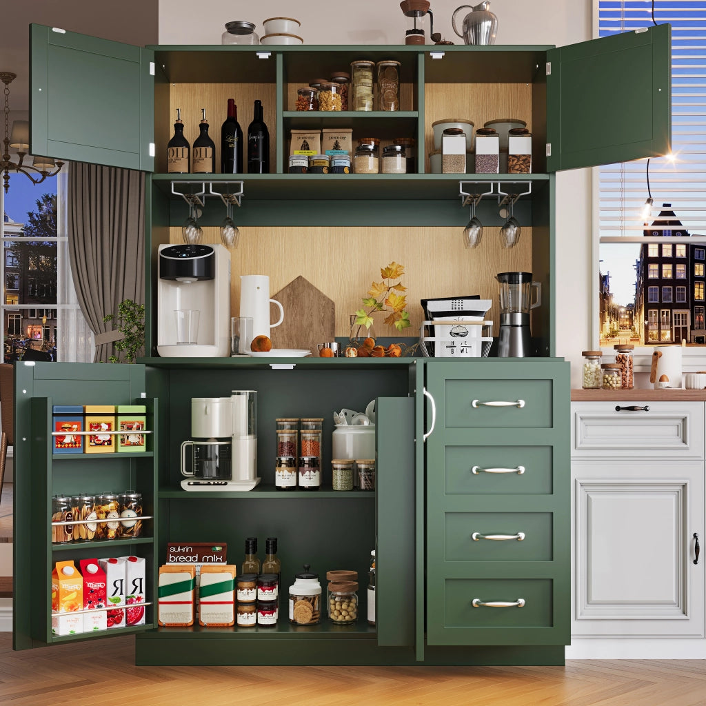Credenza alta da cucina con 4 Ante e 2 Cassetti; LED e Portabibite; in MDF; 120 x 40 x 188 cm; Verde