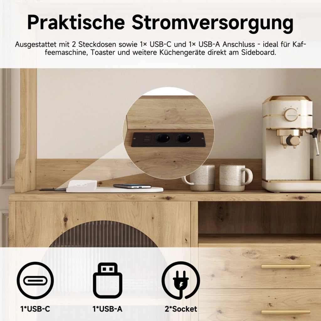 Credenza alta con prese e porte USB, frontale in acrilico a onde, per cucina, in truciolare, legno, 100,5 × 40 × 178 cm