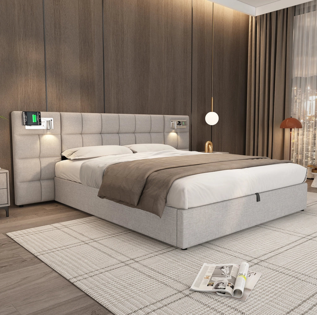 Letto imbottito 180x200 cm con USB; ricarica wireless; luce e contenitore; grigio