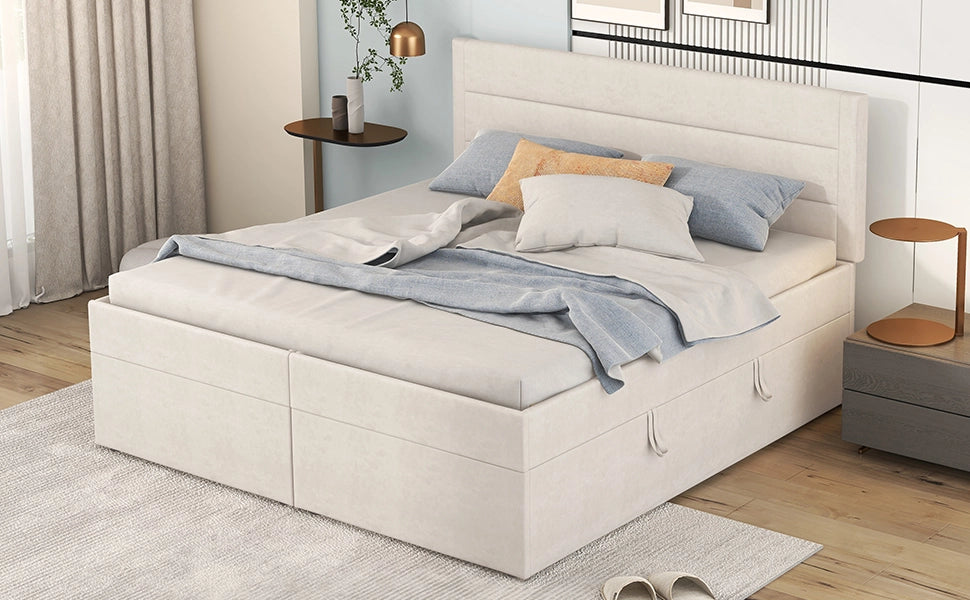 DESMIU Letto contenitore 140 × 200 cm 2 posti con vano contenitore, senza materasso, in legno massiccio e MDF, beige