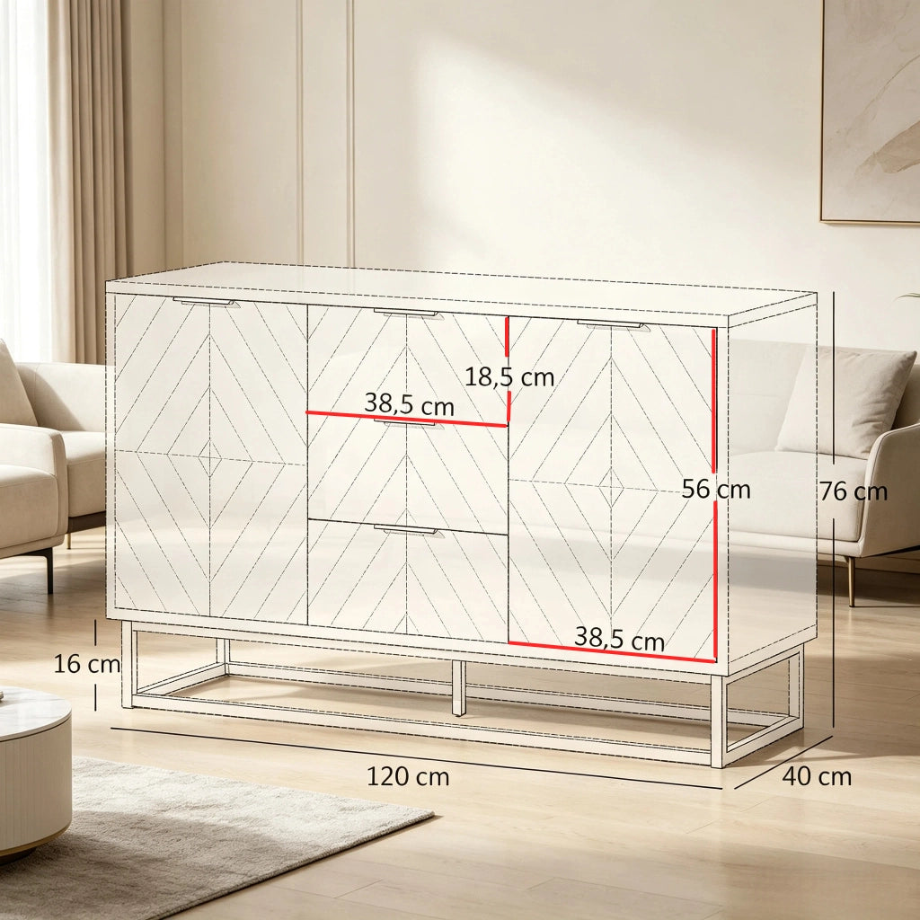 Credenza e madia con 2 ante, 3 cassetti e ripiano regolabile, per sala da pranzo, in MDF e metallo, bianco oro, 120 × 40 × 76 cm