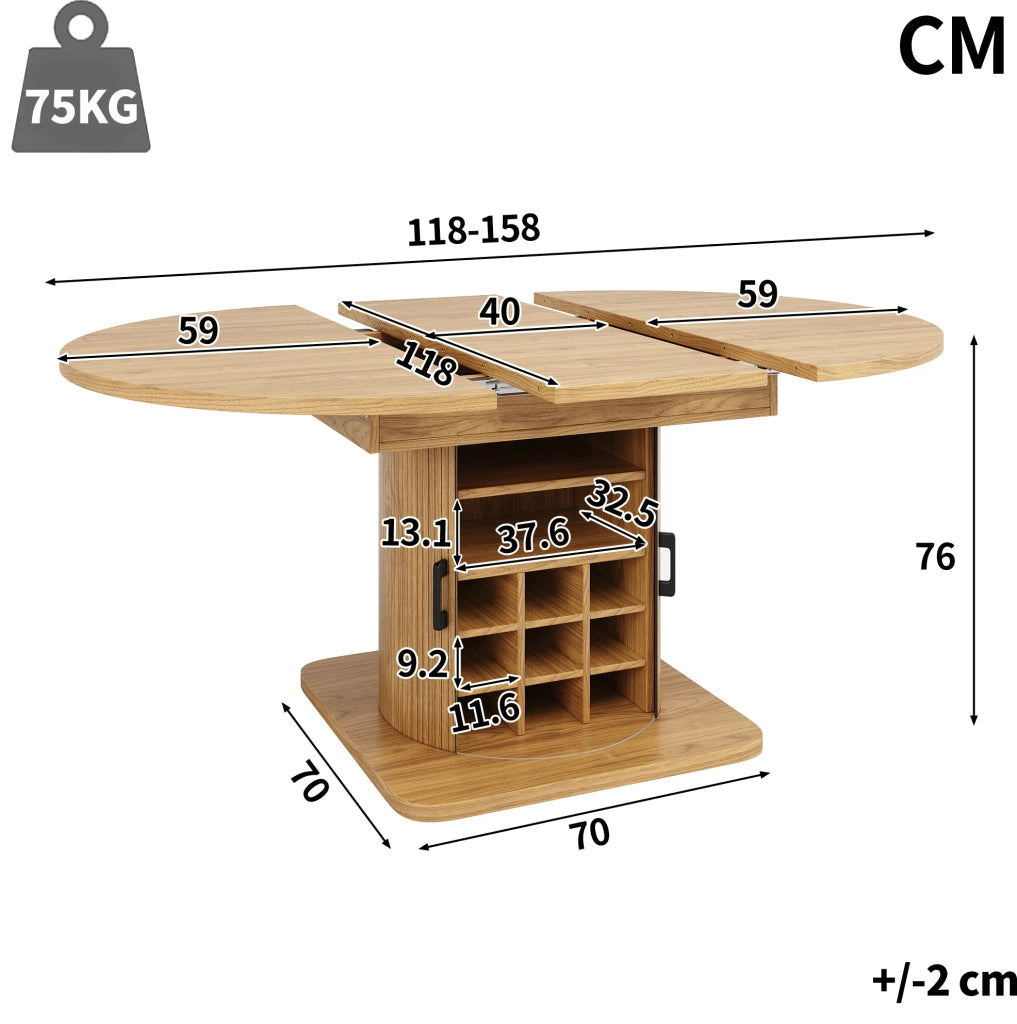 Tavolo allungabile 118x118x76 cm con contenitore; ripiani estraibili e portabicchieri; MDF e metallo; naturale